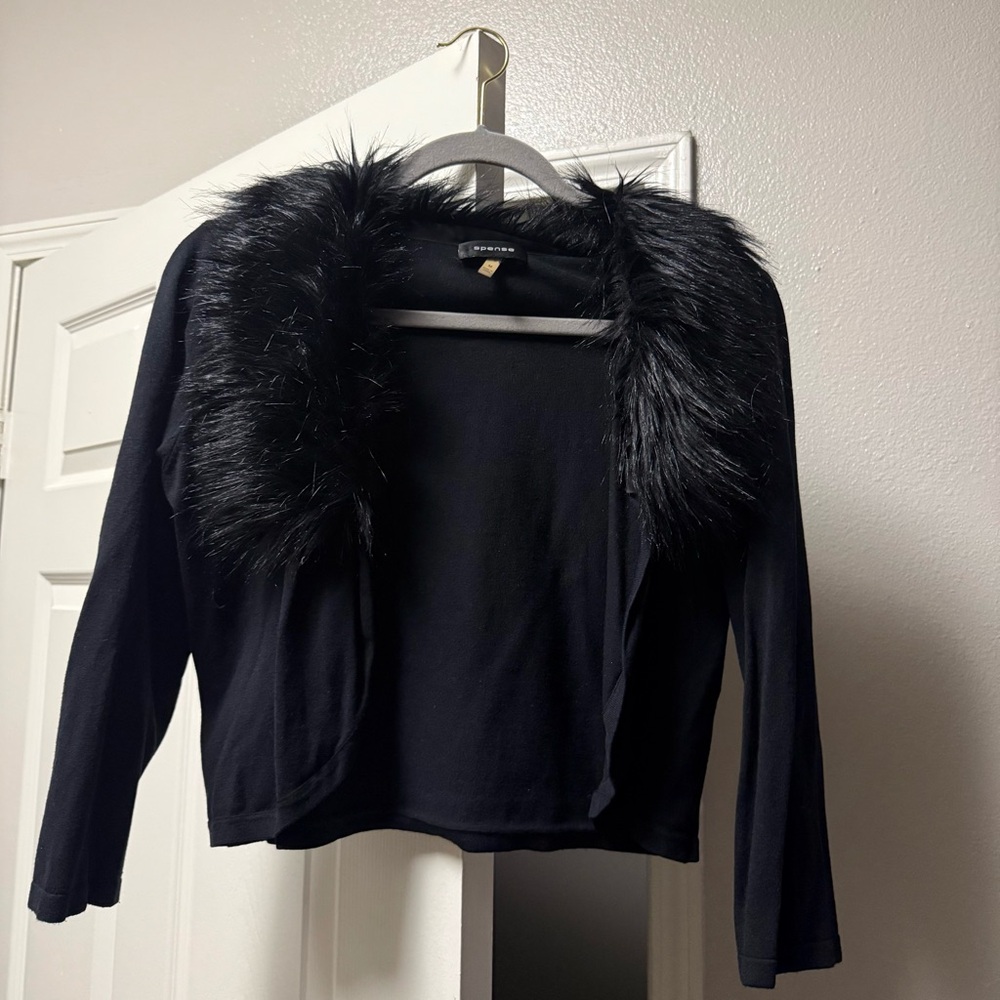 Spense Black Faux Fur Trim Cropped Cardigan